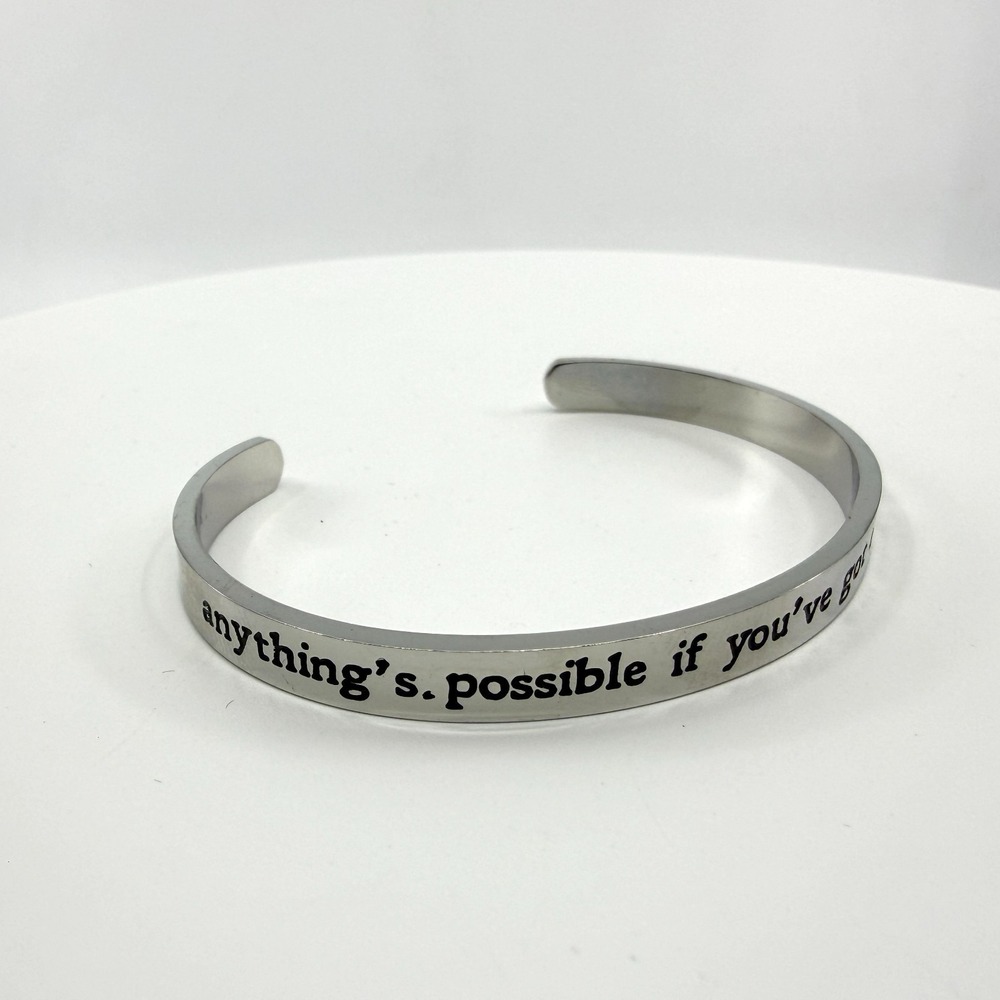 Inspirational Cuff Bracelet Anything's Possible Quote Silver Tone Gift Accessory